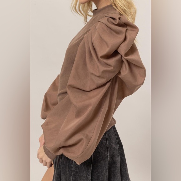 249B. Mock Neck Puff Sleeve Blouse - Mocha - Picture 5 of 5